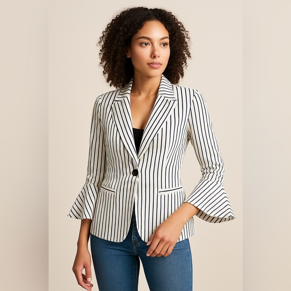 Cabi Striped Flounce Sleeve Blazer Jacket Women’s Size 4 Cottagecore Preppy R3